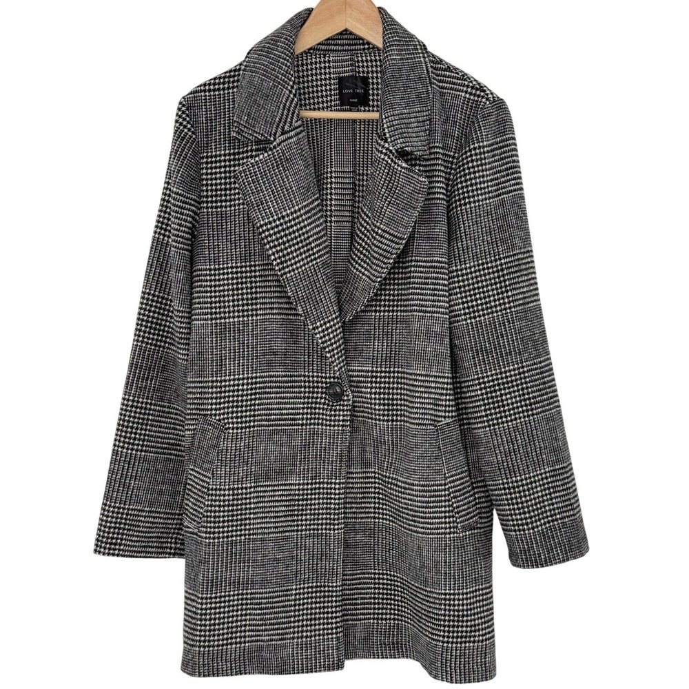 Love Tree Womens Plaid Wool Blend Car Coat Black‎ White Longline Jacket Large